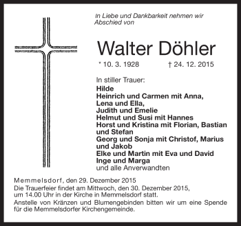 Traueranzeige von Walter Döhler von Neue Presse Coburg