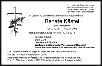Traueranzeige von Renate Kästel von Frankenpost
