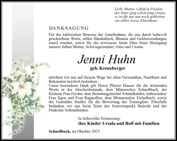 Traueranzeige von Jenni Huhn von Südthüringer Presse