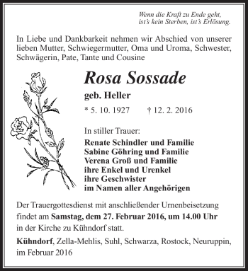 Traueranzeige von Rosa Sossade von Südthüringer Presse