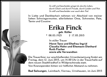 Traueranzeige von Erika Finck von Südthüringer Presse