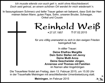 Traueranzeige von Reinhold Weiß von Südthüringer Presse