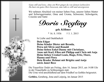 Traueranzeige von Doris Siegling von Südthüringer Presse