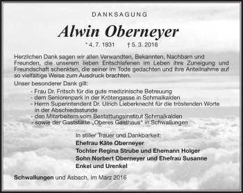 Traueranzeige von Alwin Oberneyer von Südthüringer Presse