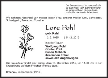 Traueranzeige von Lore Pohl von Südthüringer Presse