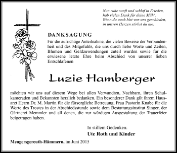 Traueranzeige von Luzie Hamberger von Südthüringer Presse