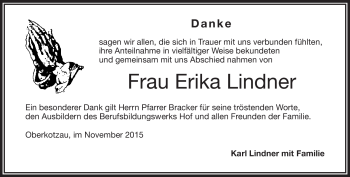 Traueranzeige von Erika Lindner von Frankenpost