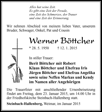 Traueranzeige von Werner Böttcher von Südthüringer Presse