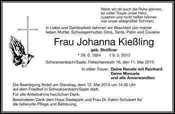 Traueranzeige von Johanna Kießling von Frankenpost