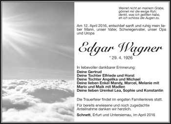Traueranzeige von Edgar Wagner von Südthüringer Presse