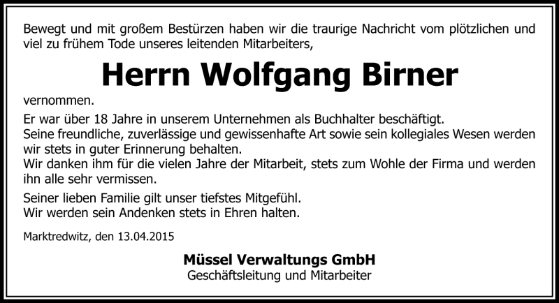  Traueranzeige für Wolfgang Birner vom 15.04.2015 aus Frankenpost
