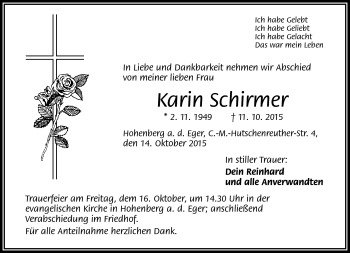 Traueranzeige von Karin Schirmer von Frankenpost