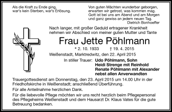 Traueranzeige von Jette Pöhlmann von Frankenpost