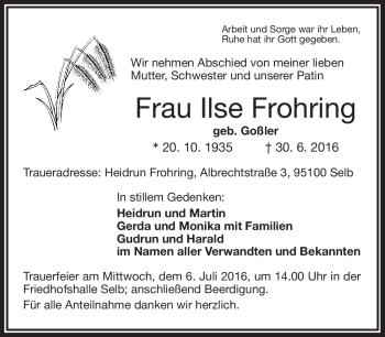 Traueranzeige von Ilse Frohring von Frankenpost