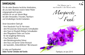 Traueranzeige von Margarete Funk von Südthüringer Presse