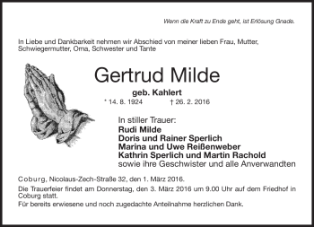 Traueranzeige von Gertrund Milde von Neue Presse Coburg