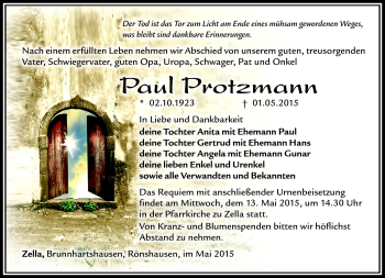 Traueranzeige von Paul Protzmann von Südthüringer Presse
