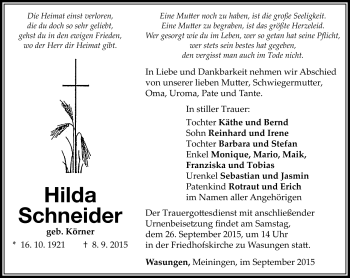 Traueranzeige von Hilda Schneider von Südthüringer Presse