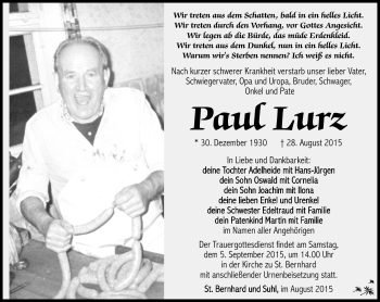 Traueranzeige von Paul Lurz von Südthüringer Presse