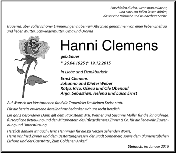 Traueranzeige von Hanni Clemens von Südthüringer Presse