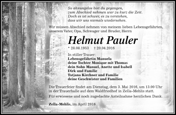 Traueranzeige von helmut Pauler von Südthüringer Presse
