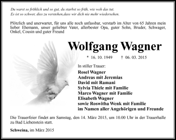 Traueranzeige von Wolfgang Wagner von Südthüringer Presse