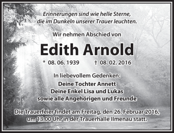 Traueranzeige von Edith Arnold von Südthüringer Presse
