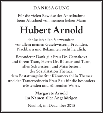 Traueranzeige von Hubert Arnold von Südthüringer Presse