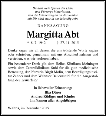 Traueranzeige von Margitta Abt von Südthüringer Presse