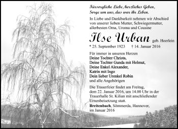 Traueranzeige von Ilse Urban von Südthüringer Presse
