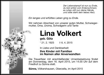 Traueranzeige von Lina Volkert von Südthüringer Presse