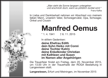Traueranzeige von Manfred Oemus von Südthüringer Presse
