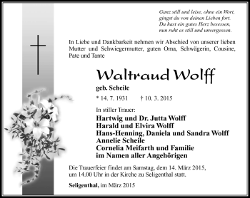 Traueranzeige von Waltraud Wolff von Südthüringer Presse