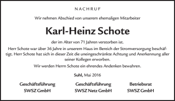 Traueranzeige von Karl-Heinz Schote von Südthüringer Presse