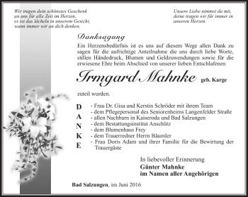 Traueranzeige von Irmgard Mahnke von Südthüringer Presse