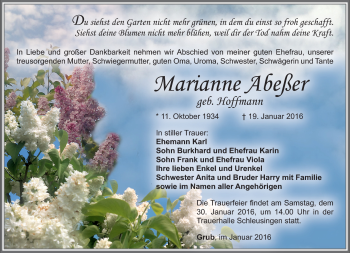 Traueranzeige von Marianne Abeßer von Südthüringer Presse