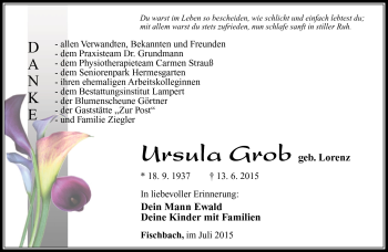 Traueranzeige von Ursula Grob von Südthüringer Presse
