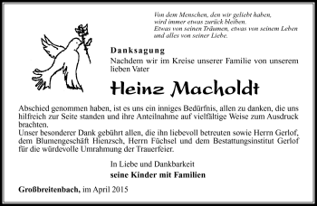 Traueranzeige von Heinz Macholdt von Südthüringer Presse