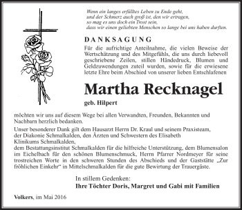 Traueranzeige von Martha Recknagel von Südthüringer Presse