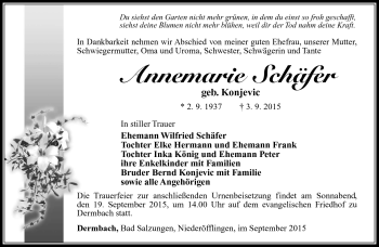 Traueranzeige von Annemarie Schäfer von Südthüringer Presse