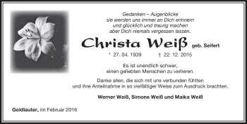 Traueranzeige von Christa Weiß von Südthüringer Presse