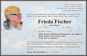 Traueranzeige von Frieda Fischer von Südthüringer Presse