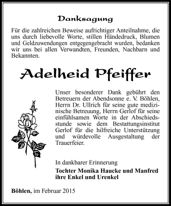Traueranzeige von Adelheid Pfeiffer von Südthüringer Presse