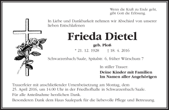 Traueranzeige von Frieda Dietel von Frankenpost