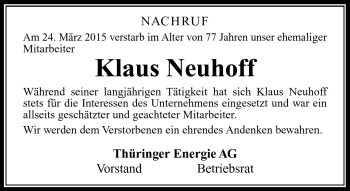 Traueranzeige von Klaus Neuhoff von Südthüringer Presse