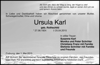 Traueranzeige von Ursula Karl von Neue Presse Coburg