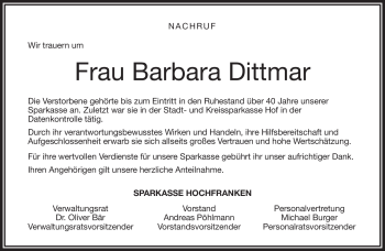 Traueranzeige von Barbara Dittmar von Frankenpost