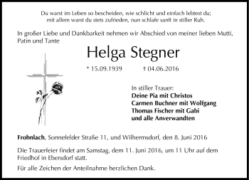 Traueranzeige von Helga Stegner von Neue Presse Coburg