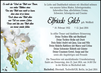 Traueranzeige von Elfriede Gilch von Südthüringer Presse