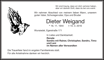 Traueranzeige von Dieter Weigand von Frankenpost